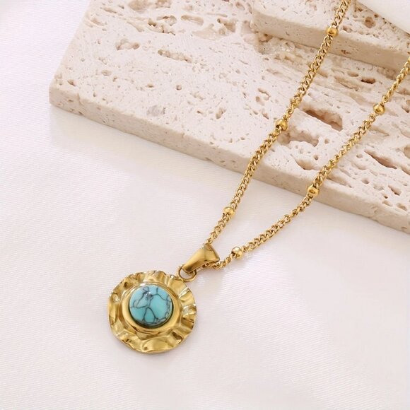 14K Gold Womens Round Turquoise Pendant Necklace Ladies New 14 K Silver Jewelry